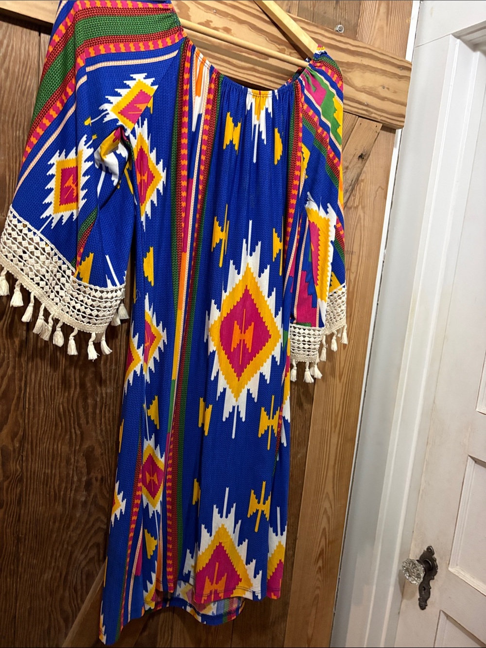 Boho Blue Geometric Long Sleeve Dress with Tassel Trim